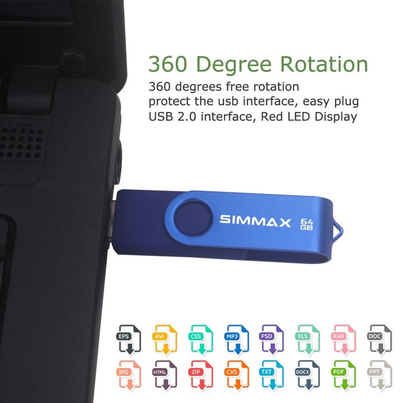 SIMMAX 64GB Memory Stick USB 2.0 Flash Drives Swivel Thumb Drive Pen Drive (64GB Blue) - Image 4